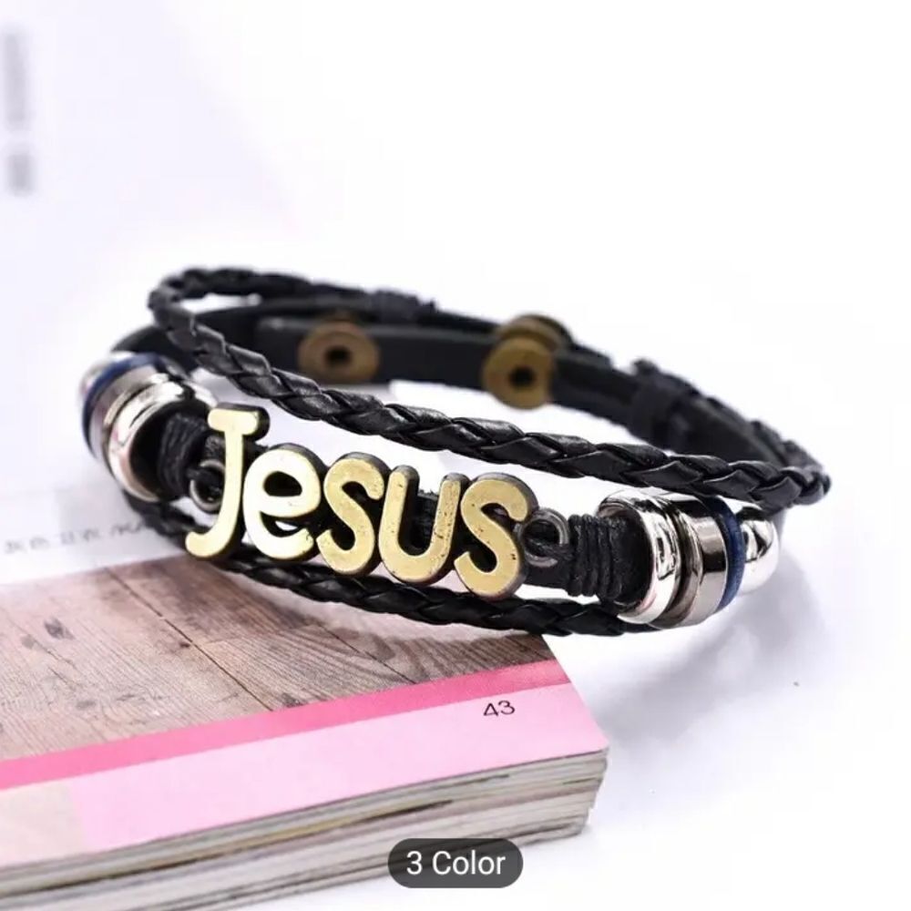 Men's bracelet leather jesus layered braided new e2